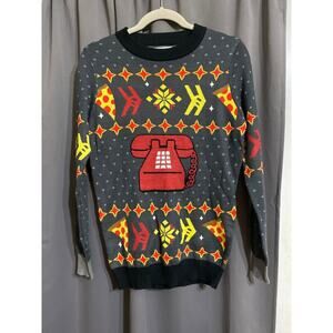 TIPSY  ELVES CHRISTMAS SWEATER SIZE SMALL. phone and Pizza Design